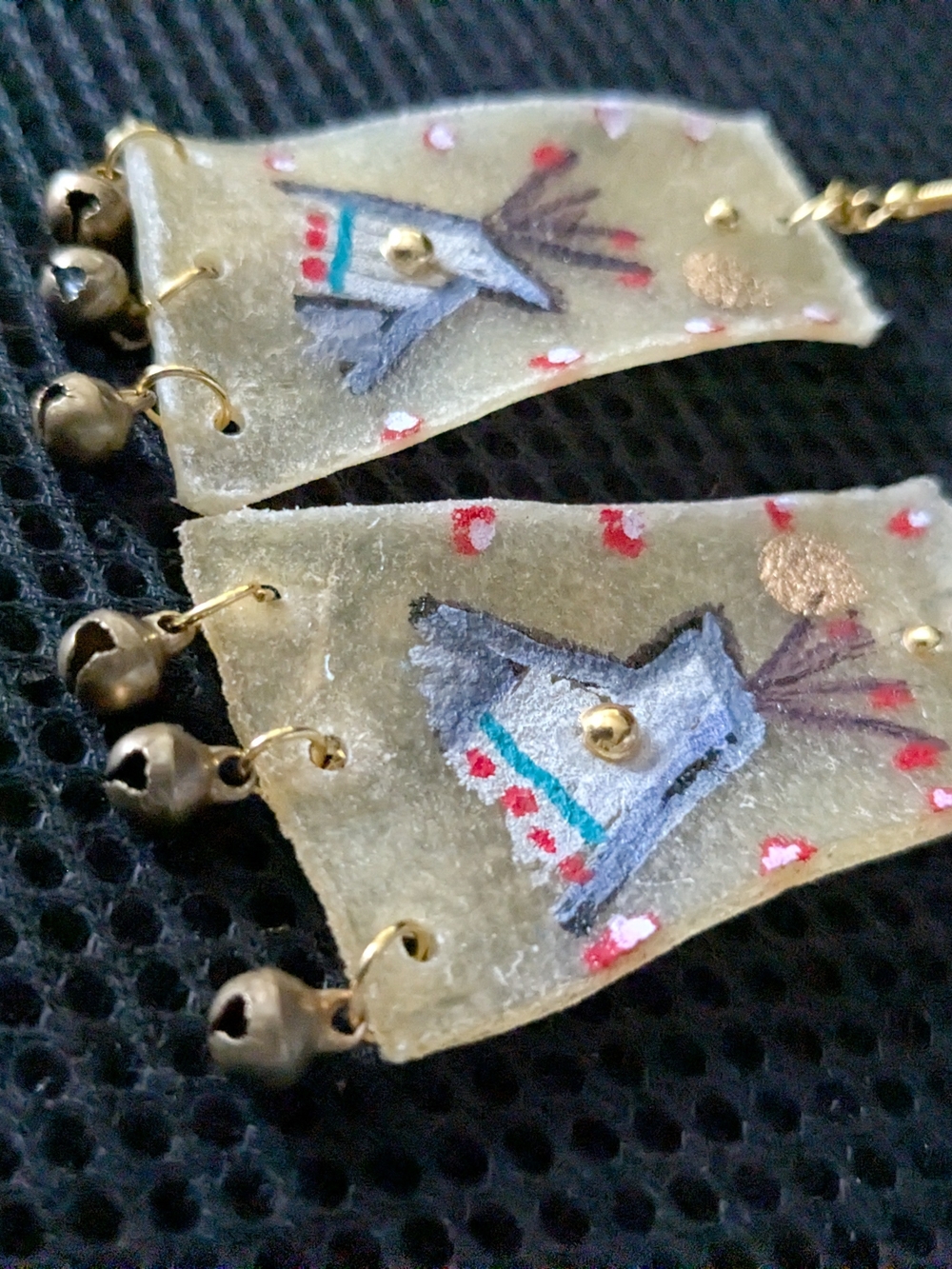 Indigenous Hand-Painted Teepee Rawhide Parfleche Dangle Earrings With Jingles - Picture 8 of 10